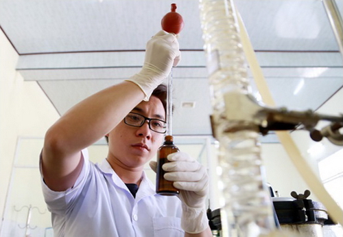 Một thành viên trong nhóm nghiên cứu đang chưng cất tinh dầu bưởi tại phòng thí nghiệm Khoa Sinh học, ĐH Đà Lạt